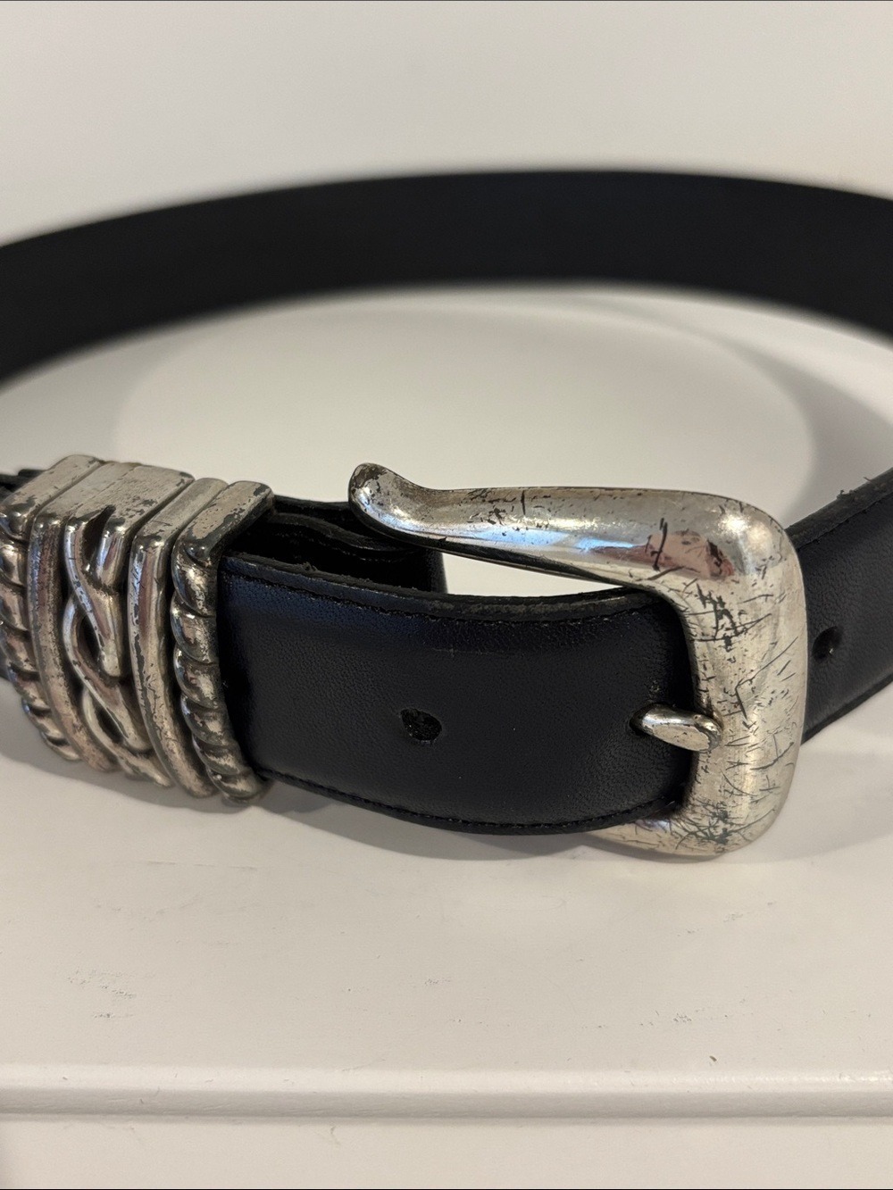 Brighton navy blue leather belt silver-tone buckle decorative braided metal